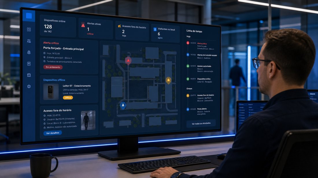 Tela com alertas de acessos, eventos críticos, mapa e dispositivos offline