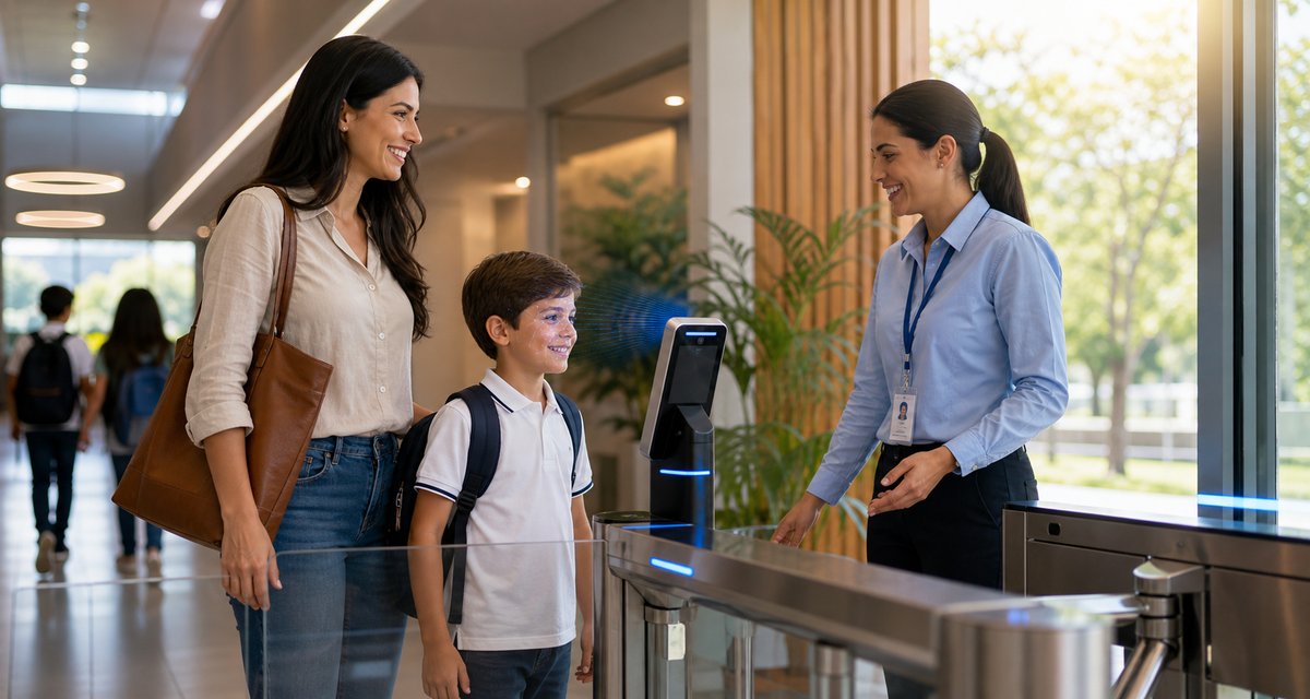 Mãe e filho na recepção de uma escola usando terminal de reconhecimento facial e catraca